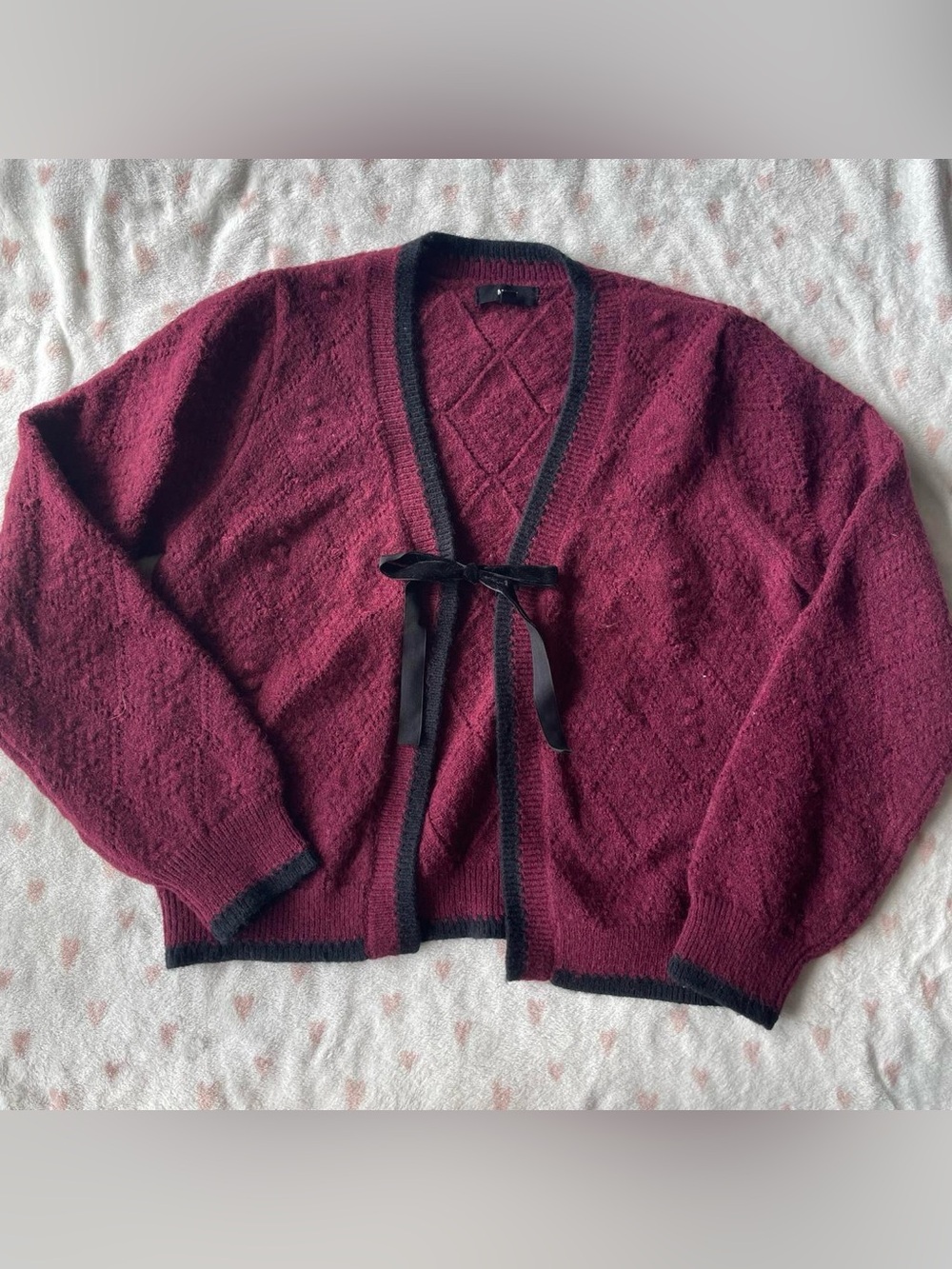 Burgundy Cardigan with Black Bow